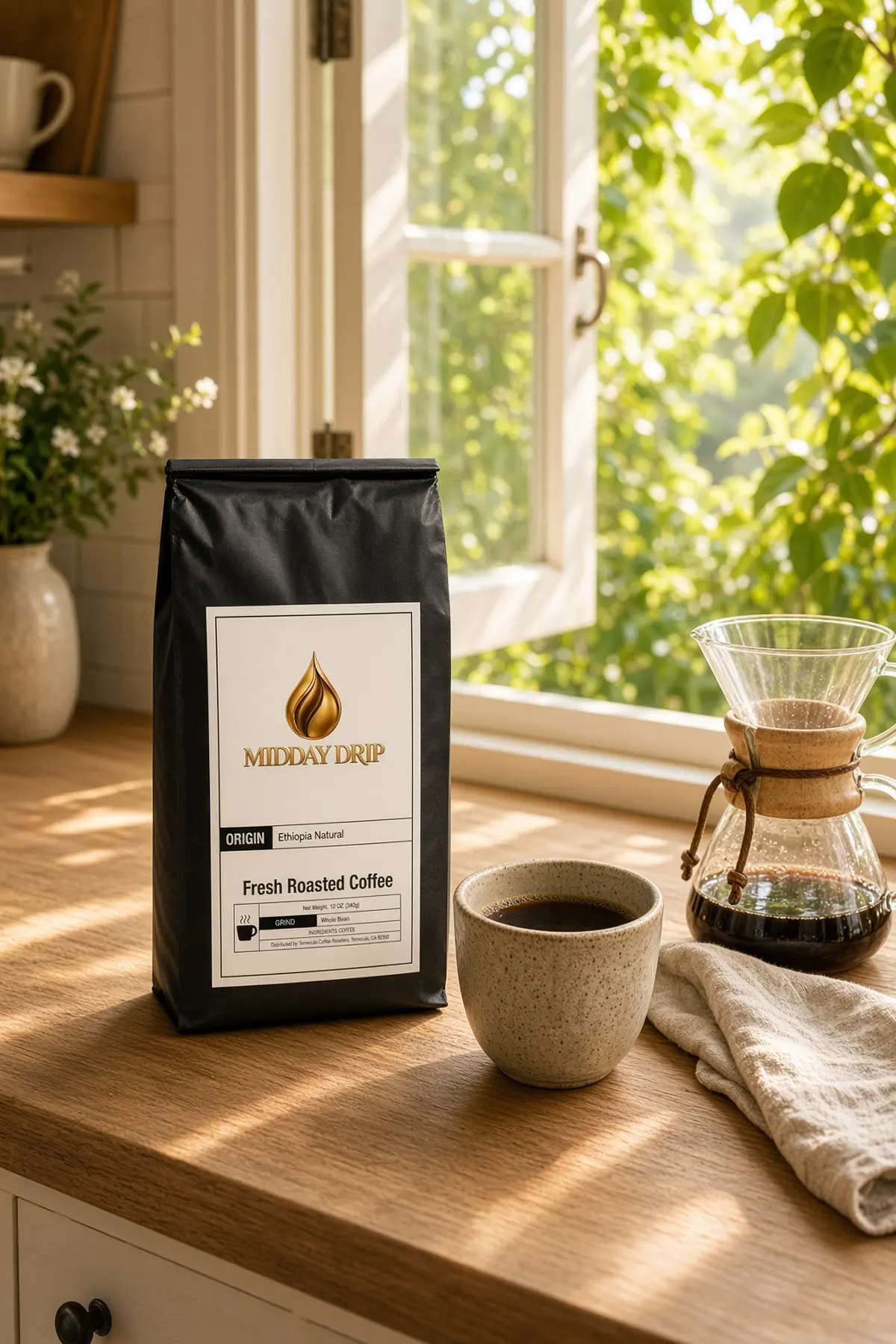 A bag of Midday Drip Ethiopia Natural on a sunny kitchen counter with a pour-over