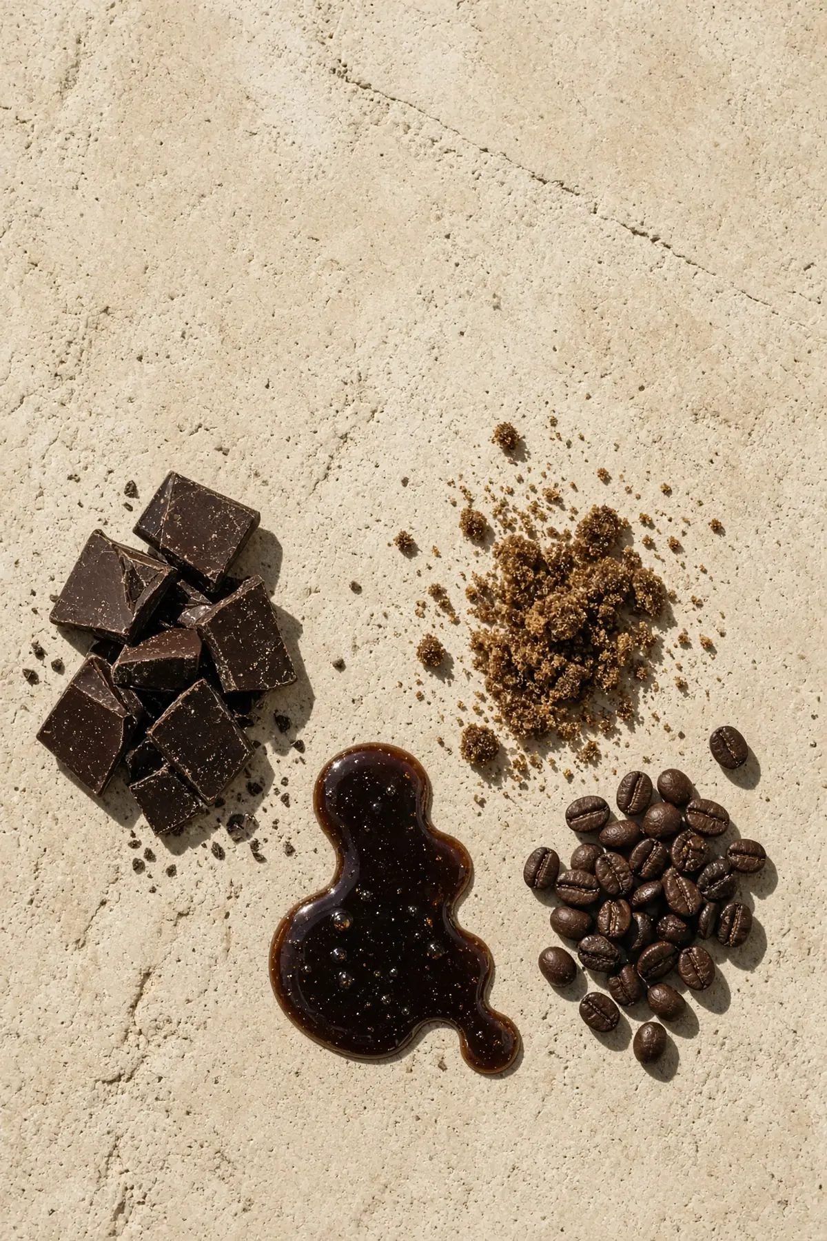 Dark chocolate, molasses and brown sugar beside coffee beans on stone