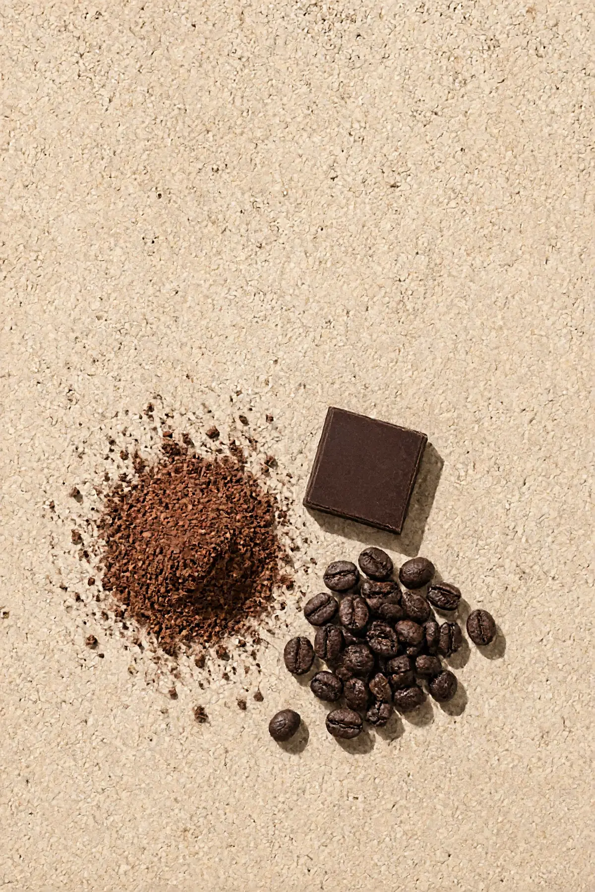 Cocoa powder, a square of dark chocolate and coffee beans on stone