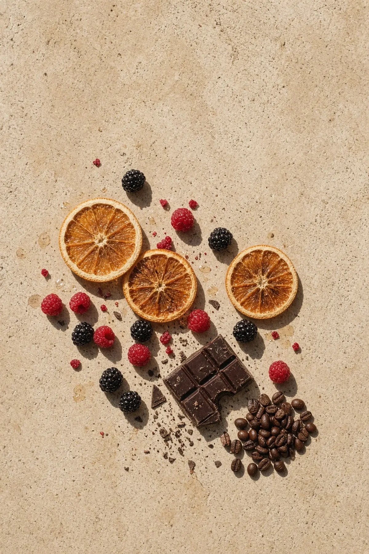 Dried orange, berries and chocolate beside coffee beans on stone