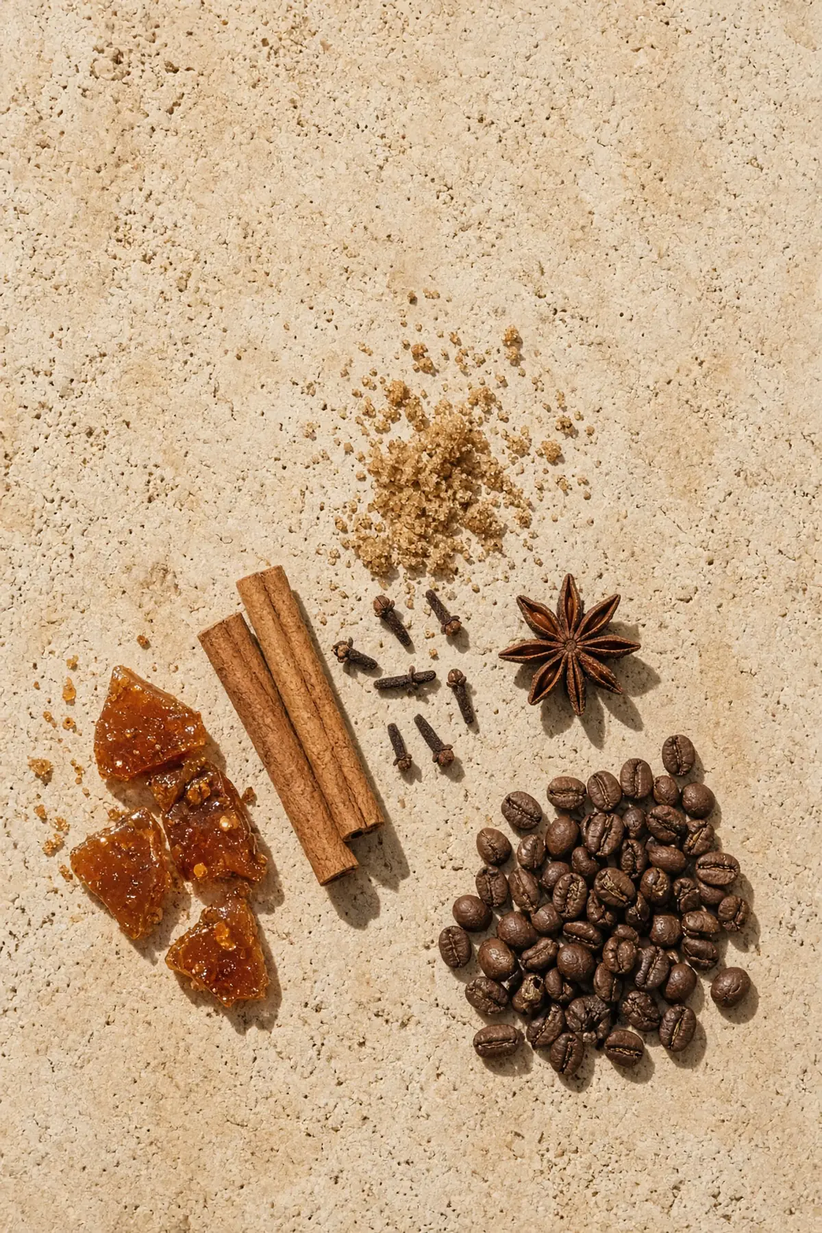 Caramel, cinnamon, cloves and brown sugar beside coffee beans on stone