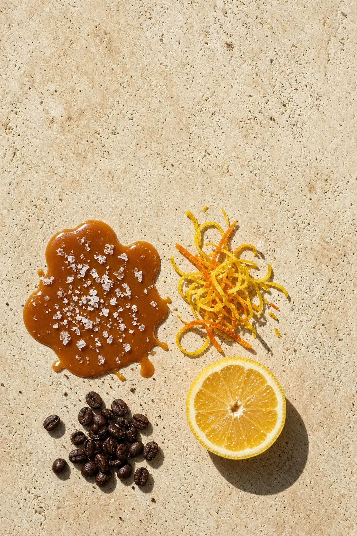Salted caramel and citrus beside coffee beans on stone