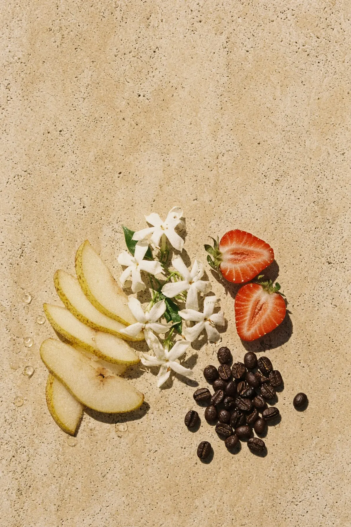 Pear slices, jasmine and strawberries beside coffee beans on stone