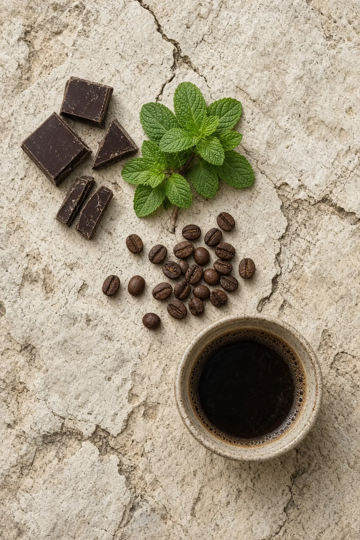 Dark chocolate and fresh peppermint leaves beside coffee beans on pale stone